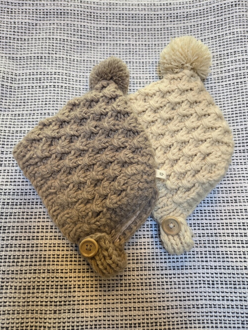 Kids Pom-Pom Knit Hats with Button - Beige & Taupe
